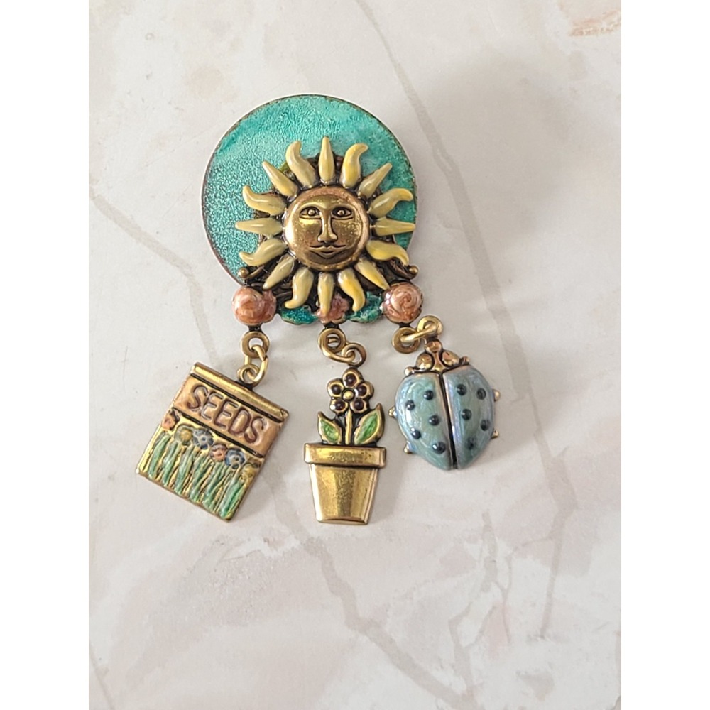Garden Charm Brooch Sun Face Ladybug Flowerpot Seed Packet Whimsical Pin